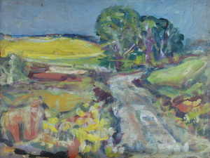 Werkverzeichnis Nr. 1172, um 1980, Bäume an einem leicht ansteigenden Weg, Öl auf Karton, 36,8 x 48,5 cm