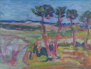 Werkverzeichnis Nr. 1184, um 1980, Kiefern vor einer flachen Landschaft, Öl auf Karton, 37,2 x 49,0 cm
