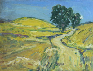 Werkverzeichnis Nr. 1170, um 1980, Bäume an einem leicht ansteigenden Weg, Öl auf Karton, 37,3 x 48,2 cm