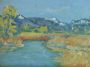 Werkverzeichnis Nr. 1165, um 1980, Gewässer in den Voraplen, Öl auf Karton, 37,3 x 48,2 cm