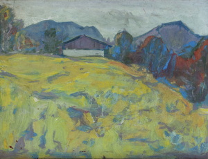 Werkverzeichnis Nr. 1189, um 1980, Almhütte az einer Anhöhe vor Bergen, Öl auf Karton, 37,3 x 48,7 cm