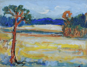 Werkverzeichnis Nr. 1187, um 1980, Kiefer vor einer weiten Landschaft, Öl auf Karton, 37,4 x 48,4 cm