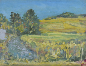 Werkverzeichnis Nr. 1186, um 1980, Bäume in einer hügeligen Landschaft, Öl auf Karton, 37,5 x 48,7 cm