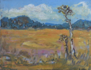 Werkverzeichnis Nr. 1185, um 1980, Zwei Kiefern vor einer weiten Landschaft, Öl auf Karton, 37,8 x 48,4 cm