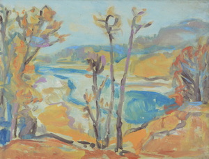 Werkverzeichnis Nr. 1178, um 1980, Blick auf die Isar, Öl auf Karton, 38,0 x 48,9 cm