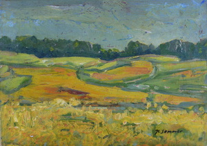 Werkverzeichnis Nr. 1179, um 1980, Landschaft mit flachen Hügeln und Wald, Öl auf Karton, 38,3 x 53,2 cm, bez. u.r.: K. Sommer