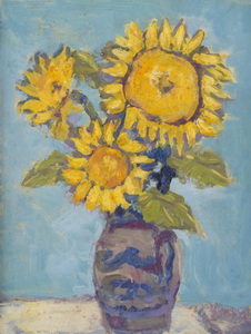 Werkverzeichnis Nr. 1195, um 1980, Drei Sonnenblumen in graublauem Krug, Öl auf Karton, 48,0 x 37,3 cm