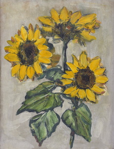 Werkverzeichnis Nr. 1196, um 1980, Drei Sonnenblumenblüten, Öl auf Karton, 48,0 x 37,5 cm