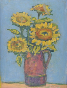 Werkverzeichnis Nr. 1197, um 1980, Vier Sonnenblumen in braunem Krug, Öl auf Karton, 48,2 x 37,6 cm