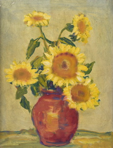 Werkverzeichnis Nr. 1198, um 1980, Fünf Sonnenblumen in braunem Krug, Öl auf Karton, 48,2 x 37,9 cm