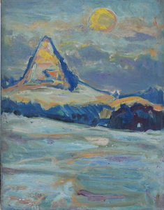 Werkverzeichnis Nr. 1190, um 1980, Pyradmidale Bergspitze im Abendlicht, Öl auf Karton, 48,3 x 38,0 cm