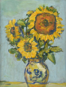 Werkverzeichnis Nr. 1199, um 1980, Drei Sonnenblumen in weißblauem Krug, Öl auf Karton, 48,5 x 37,5 cm