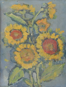 Werkverzeichnis Nr. 1201, um 1980, Sechs Sonnenblumenblüten, Öl auf Karton, 48,7 x 37,8 cm