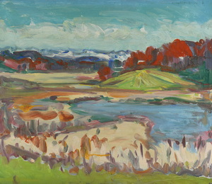 Werkverzeichnis Nr. 1204, um 1981, Voralpensee,  Öl auf Karton, 49,0 x 57,0 cm