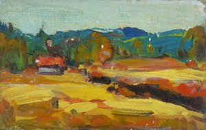 Werkverzeichnis Nr. 1218, um 1981, Dachauer Moos, Öl auf Hartfaser, 15,8 x 25,3 cm