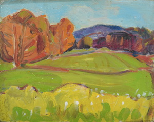 Werkverzeichnis Nr. 1221, um 1981, Hügellandschaft, Acryl auf Hartfaser, 24,9 x 31,9 cm