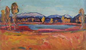 Werkverzeichnis Nr. 1206, um 1981, Ostersee,  Öl auf Hartfaser, 36,4 x 60,7 cm