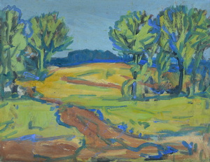 Werkverzeichnis Nr. 1222, um 1981, Flache Hügel mit Bäumen, Öl auf Karton, 37,2 x 48,3 cm