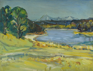 Werkverzeichnis Nr. 1209, um 1981, Ostersee , Öl auf Karton, 37,6 x 48,7 cm