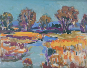 Werkverzeichnis Nr. 1213, um 1981, Mooslandschaft mit Amper, Öl auf Karton, 38,4 x 48,5 cm