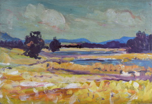 Werkverzeichnis Nr. 1217, um 1981, Mooslandschaft mit kleinen Seen, Öl auf Karton, 40,0 x 58,2 cm
