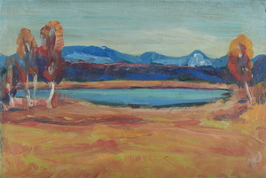Werkverzeichnis Nr. 1207, um 1981, Ostersee, Öl auf Karton 40,8 x 60,0 cm
