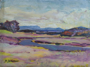 Werkverzeichnis Nr. 1212, um 1981, Flussbiegung im Voralpengebiet , Öl auf Karton, 36,5 x 48,8 cm