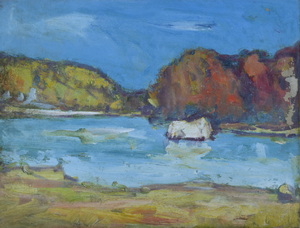 Werkverzeichnis Nr. 1211, um 1981, Isar mit Georgenstein , Öl auf Karton, 37,3 x 48,2 cm