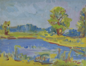 Werkverzeichnis Nr. 1210, um 1981, Gewässer in flacher Landschaft , Öl auf Karton, 37,7 x 48,3 cm