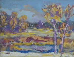 Werkverzeichnis Nr. 1215, um 1981, Mooslandschaft mit Bäumen, Öl auf Karton, 37,7 x 48,8 cm