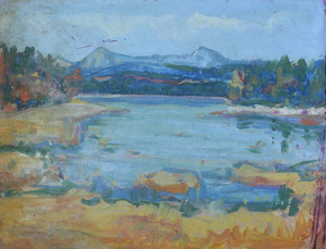 Werkverzeichnis Nr. 1205, um 1981, Großer Ostersee mit Herzogstand und Heimgarten,  Öl auf Karton, 37,8 x 49,0 cm