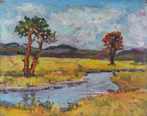 Werkverzeichnis Nr. 1214, um 1981, Mooslandschaft mit Bach, Öl auf Hartfaser, 56,7 x 71,1 cm