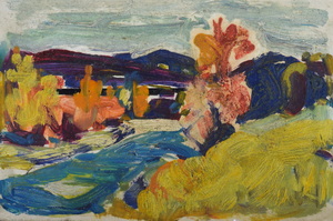 Werkverzeichnis Nr. 1237, um 1982, Fluss in den Voralpen, Acryl auf Karton, 13,0 x 19,8 cm