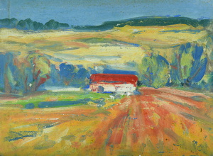 Werkverzeichnis Nr. 1257, um 1982, Haus in hügeliger Landschaft, Acryl auf Hartfaser, 24,9 x 34,2 cm