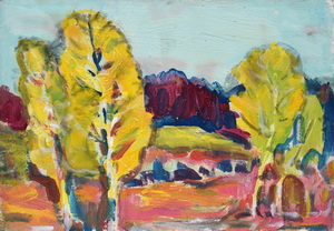 Werkverzeichnis Nr. 1259, um 1982, Bäume in hügeliger Landschaft, Öl auf Karton, 25,0 x 35,8 cm