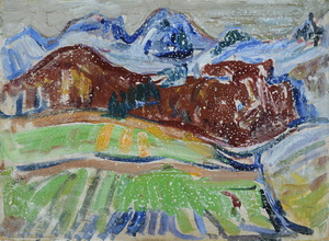 Werkverzeichnis Nr. 1263,  1982, Hütte in hügeliger Voralpenlandschaft, Öl auf Karton, 26,4 x 36,5 cm
						Rückseite von Werkverzeichnis Nr. 123, Paprikastillleben,  1955