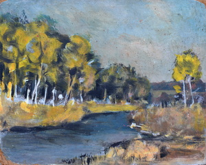 Werkverzeichnis Nr. 1238, um 1982, Fluss mit Waldufer, Öl auf Karton, 26,9 x 33,7 cm