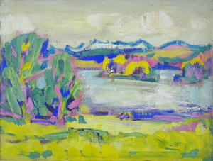 Werkverzeichnis Nr. 1225, um 1982, Ostersee, Sommer  Öl auf Hartfaser, 27,9 x 37,2 cm