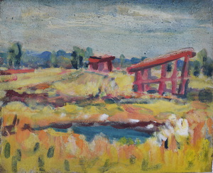 Werkverzeichnis Nr. 1251, um 1982, Skizze, Dachauer Moos mit zwei Hütten, Öl auf Hartfaser, 29,2 x 36,5 cm