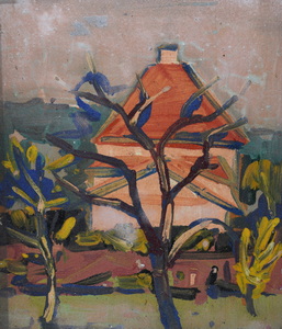 Werkverzeichnis Nr. 1267, um 1982, Haus in der Haldenberger Straße, München Moosach, Öl auf Hartfaser, 36,4 x 31,5 cm