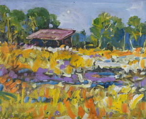 Werkverzeichnis Nr. 1252, um 1982, Dachauer Moos mit einer Hütte, Acryl auf Karton, 36,6 x 44,9 cm