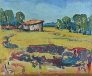 Werkverzeichnis Nr. 1253, um 1982, Dachauer Moos mit einer Hütte, Acryl auf Karton, 37,0 x 45,0 cm