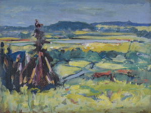 Werkverzeichnis Nr. 1264, um 1982, Voralpenlandschaft mit See und Bach, Acryl, Öl auf Karton, 37,5 x 48,7 cm