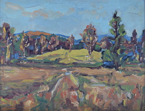Werkverzeichnis Nr. 1265, um 1982, Feld und Hügel mit Bäumen, Acryl auf Karton, 37,6 x 49,1 cm