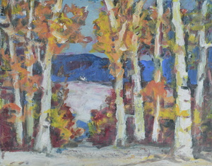 Werkverzeichnis Nr. 1268, um 1982, Baumstämme an einem schneebedeckten Feld, Acryl auf Karton, 37,8 x 48,7 cm