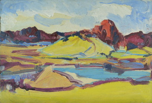 Werkverzeichnis Nr. 1239, um 1982, Skizze eines Flusstales, Öl auf Karton, 41,2 x 58,8 cm