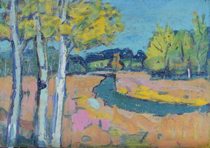 Werkverzeichnis Nr. 1240, um 1982, Bach in einer Mooslandschaft, Acryl auf Karton, 40,3 x 58,3 cm