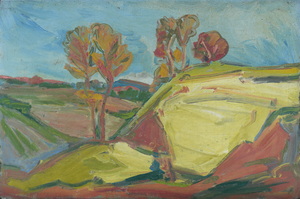 Werkverzeichnis Nr. 1260, um 1982, Zwei Bäume in hügleliger Landschaft, Öl auf Karton, 40,6 x 60,7 cm