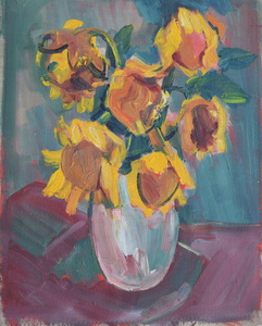 Werkverzeichnis Nr. 1290, um 1982, Sonnenblumen auf rotem Tisch, Öl auf Leinwand, 43,5 x 32,5 cm
