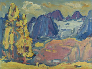 Werkverzeichnis Nr. 1281, um 1982, Zwei Bäume vor einem Bergmassiv, Öl auf Karton, 44,5 x 59,3 cm